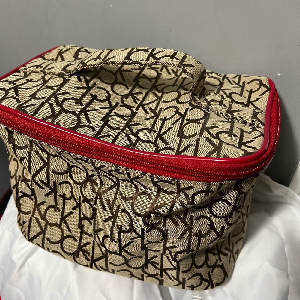 Calvin Klein Monogram Beige and Red Toiletries & Cosmetic Bag